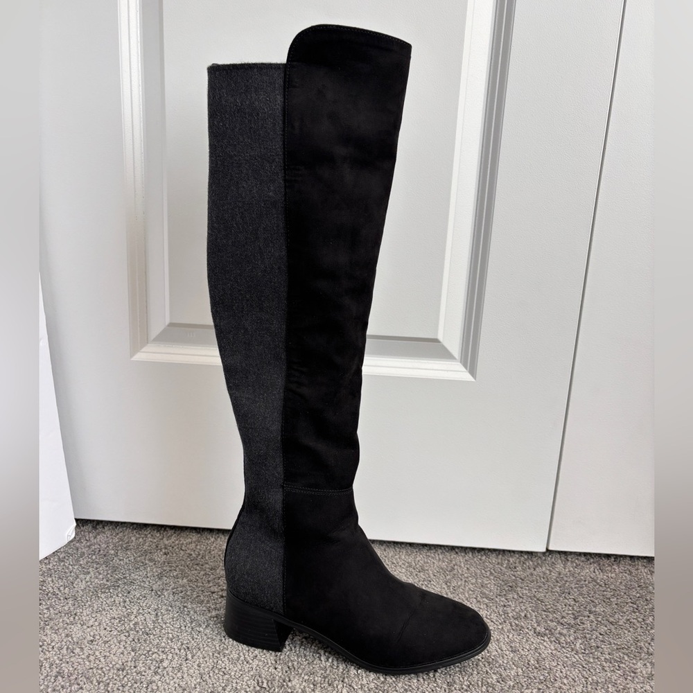 Unisa Knee High Black Suede and Gray Stretch Knit Boots